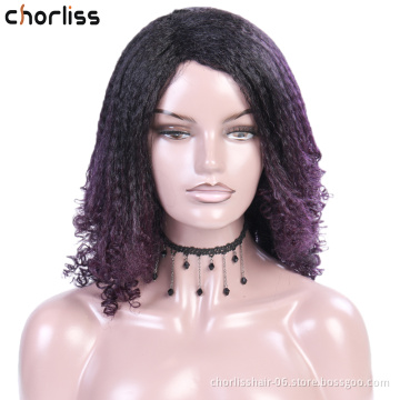Hot Selling 2020Cheap High Level Natural Fashion Purple Brown Blonde Ombre Afro YAKI  Kinky  Synthetic Hair Wigs For Black Women